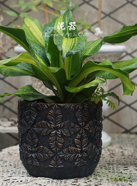 泥器怀旧复古浮雕四叶草玫瑰羽毛黑金水泥花盆栽绿植多肉套盆摆件
