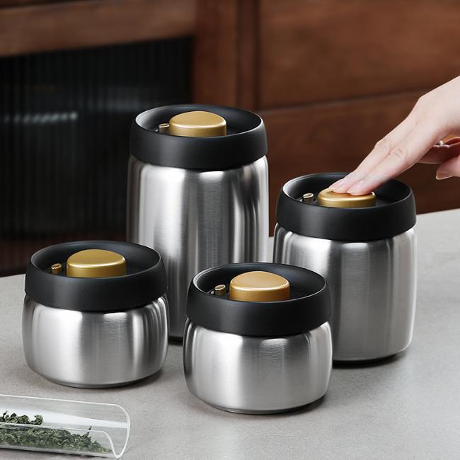 不锈钢抽真空茶叶储存罐密封防潮容器避光咖啡粉罐收纳罐