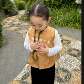 原创设计女童马甲2024秋冬新儿童中国风复古提花背心坎肩生日衣服