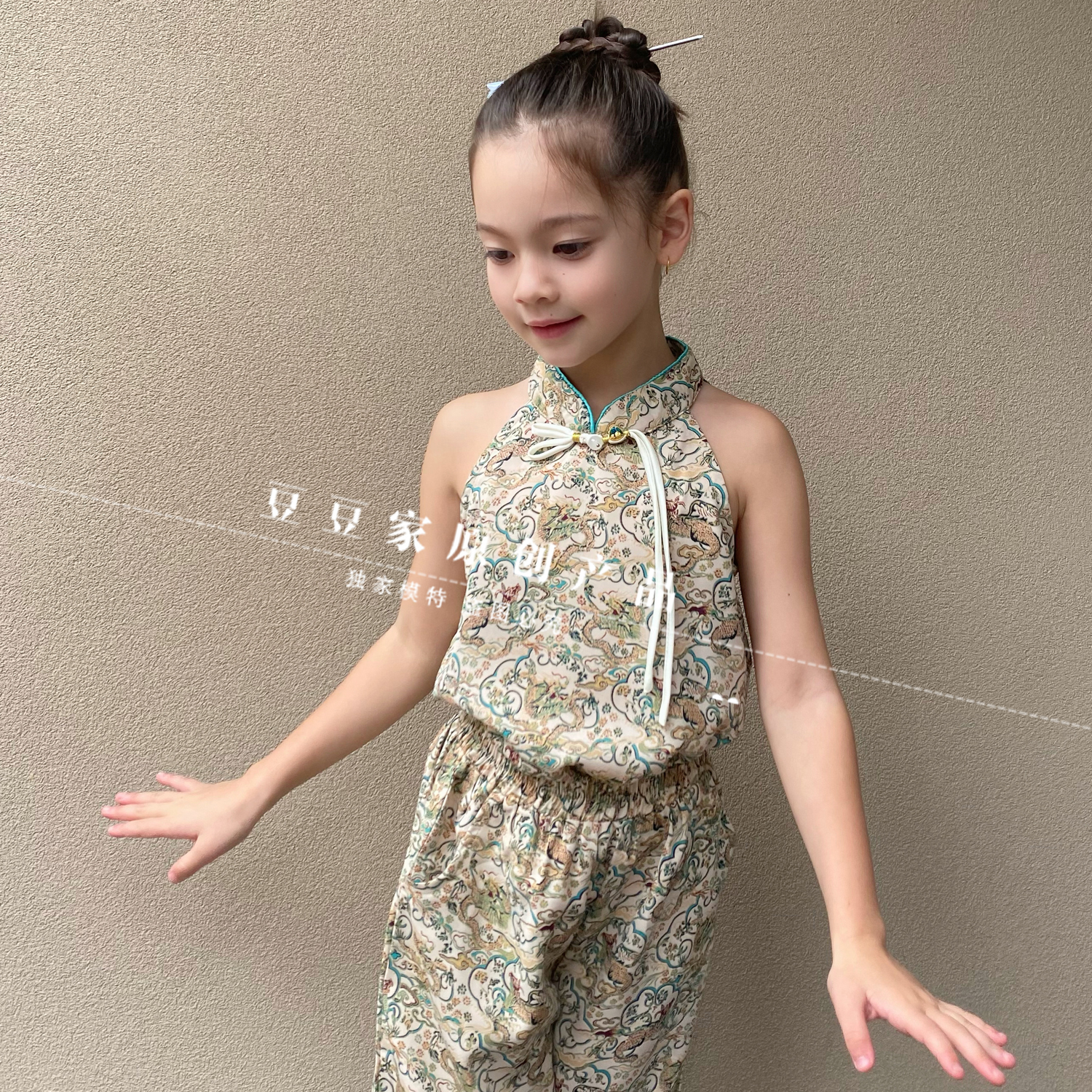 清仓 童装儿童唐装两件套女宝露背上衣阔腿裤套装新中式国风旗袍