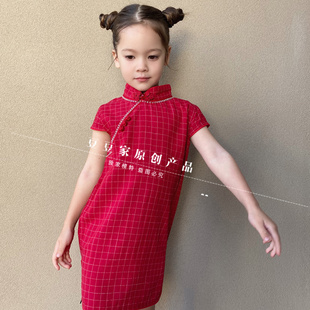 清仓 夏季新款旗袍女童中国风连衣裙裙女宝宝格子红旗袍