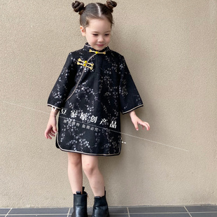 豆豆家原创女童旗袍2023秋冬新品鹿皮绒旗袍裙子小女孩甜酷黑色款