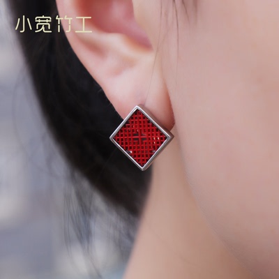 小宽竹工花窗耳钉纯银竹编首饰