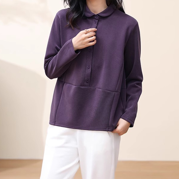 大码女装遮肚子显瘦翻领紫色长袖卫衣春秋宽松休闲妈妈装减龄上衣