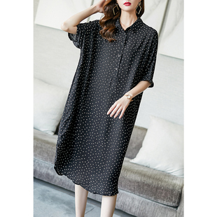 黑色短袖连衣裙女夏韩版宽松大码中长款裙子胖mm高端气质印花长裙