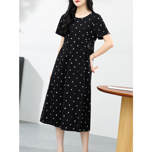 简约高级感弹力妈妈A字长裙子 2024新款 波点碎花短袖 连衣裙女夏季