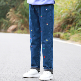 休闲裤 子中小童儿童洋气保暖棉裤 春秋加绒加厚裤 女童一体绒牛仔裤