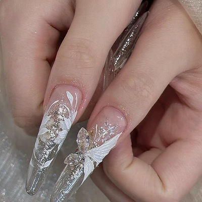 【千金】立体蝴蝶纯手工穿戴美甲冰透超长美甲成品指甲贴片可拆卸