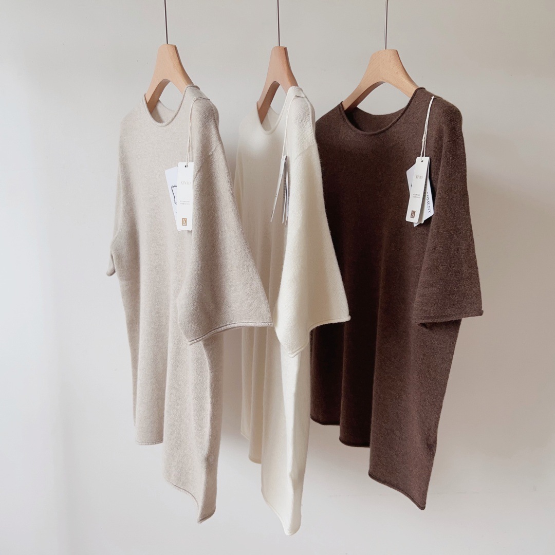 高品无缝一体羊绒极简风卷边圆领短袖针织衫软糯亲肤套头羊毛衫