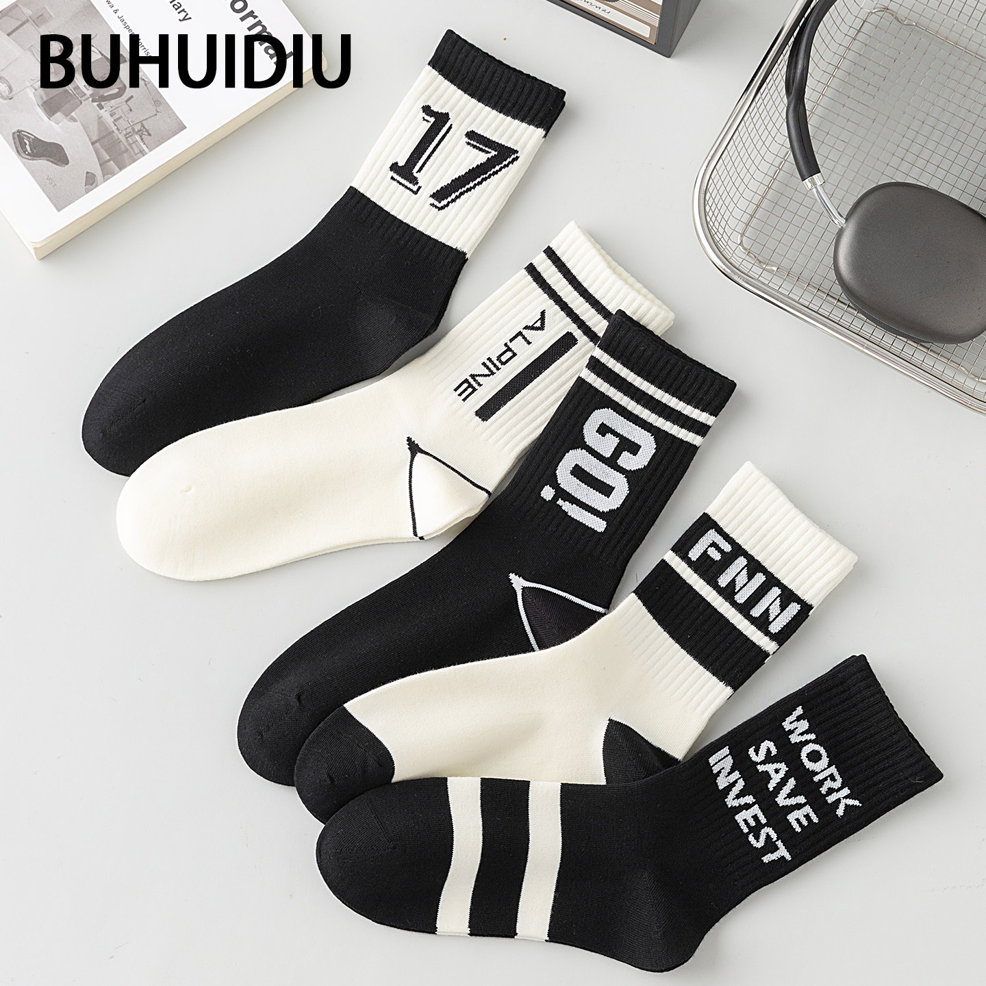 不会丢的袜子 条纹黑白色中筒袜男纯棉春秋季透气吸汗男士长筒袜