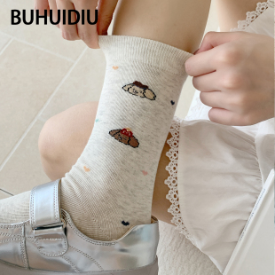 不会丢的袜子 小狗刺绣中筒袜女款纯棉无骨卡通可爱堆堆袜春秋季