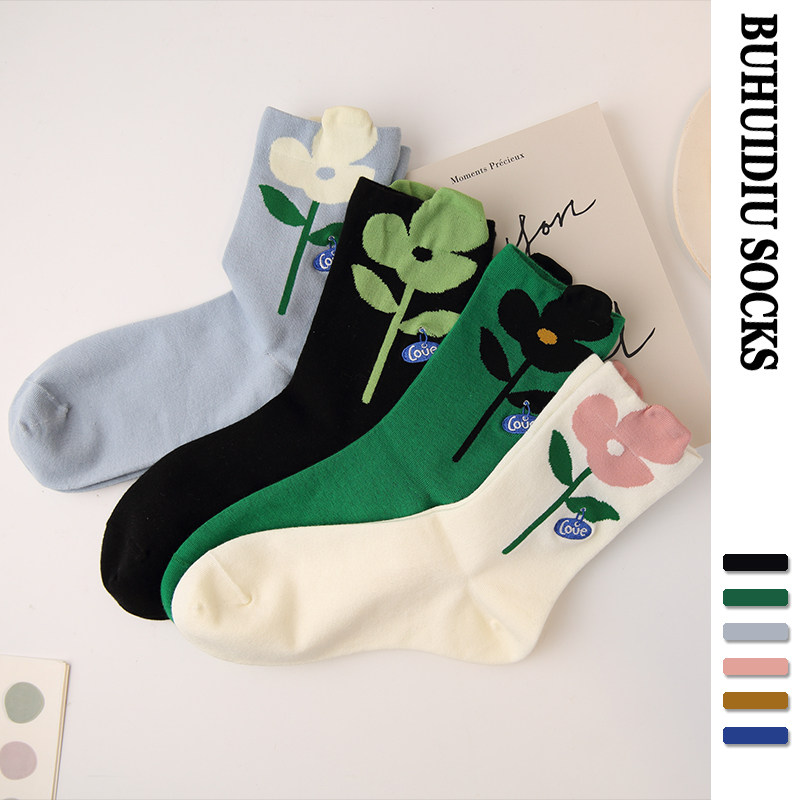 不会丢的袜子 新款立体花朵中筒袜女潮网红韩式文艺无骨长袜夏天