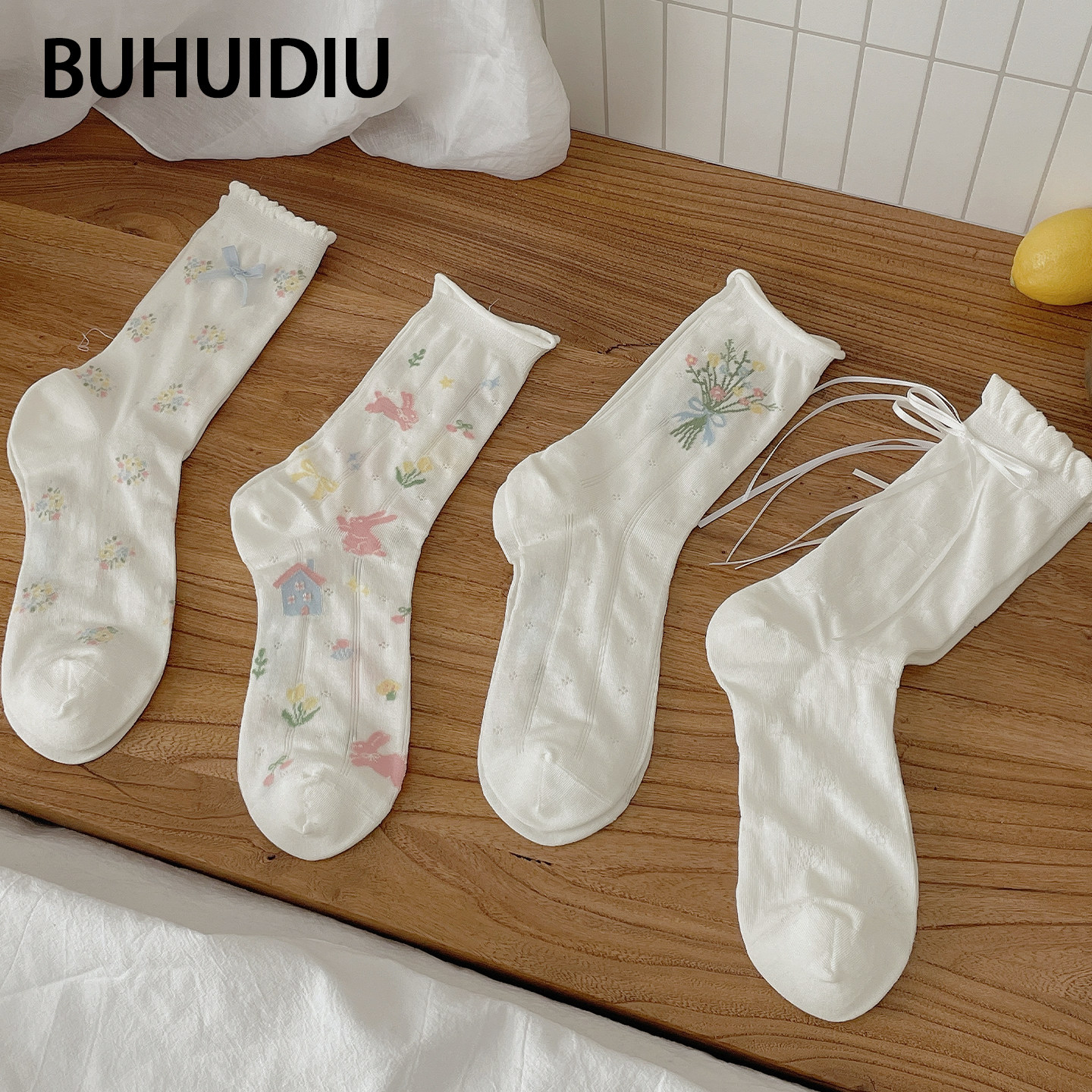 夏季日系碎花女中筒堆堆棉袜夏天
