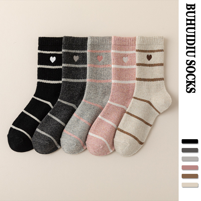 不会丢的袜子 爱心条纹羊毛中筒袜女款秋冬保暖厚袜子冬天睡眠袜