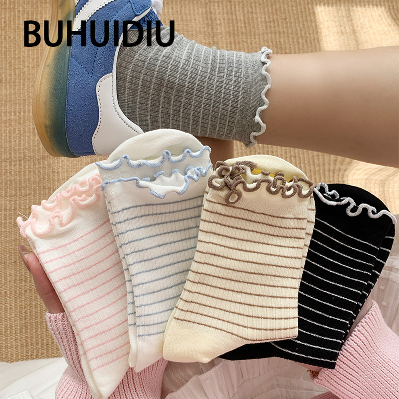 不会丢的袜子 木耳边中筒袜女夏季薄款ins潮日系纯棉无骨条纹长袜