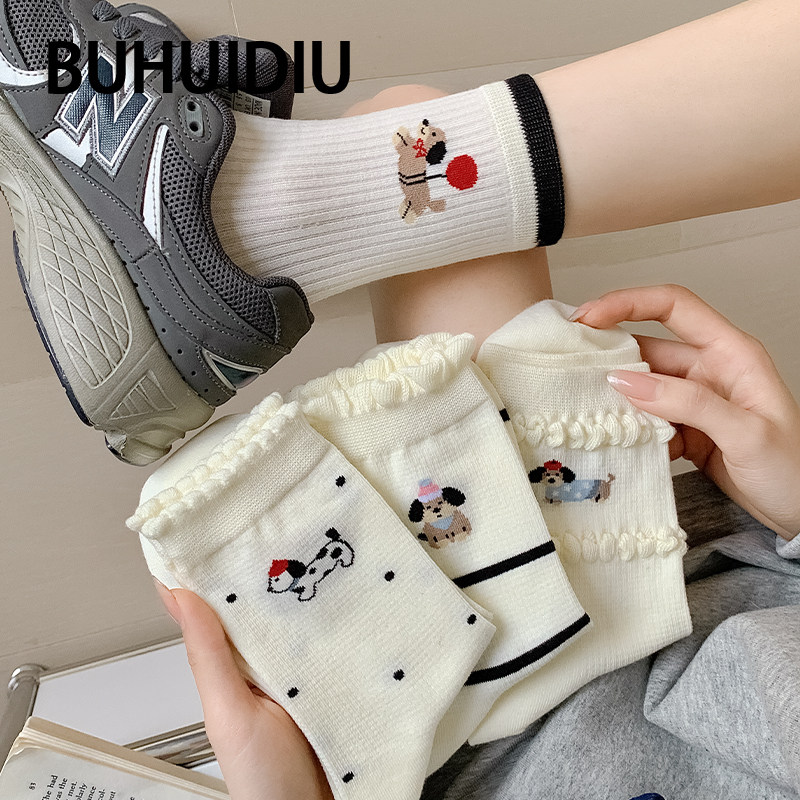 不会丢的袜子 可爱小狗中筒袜女春夏薄款奶白色花边日系卡通长袜