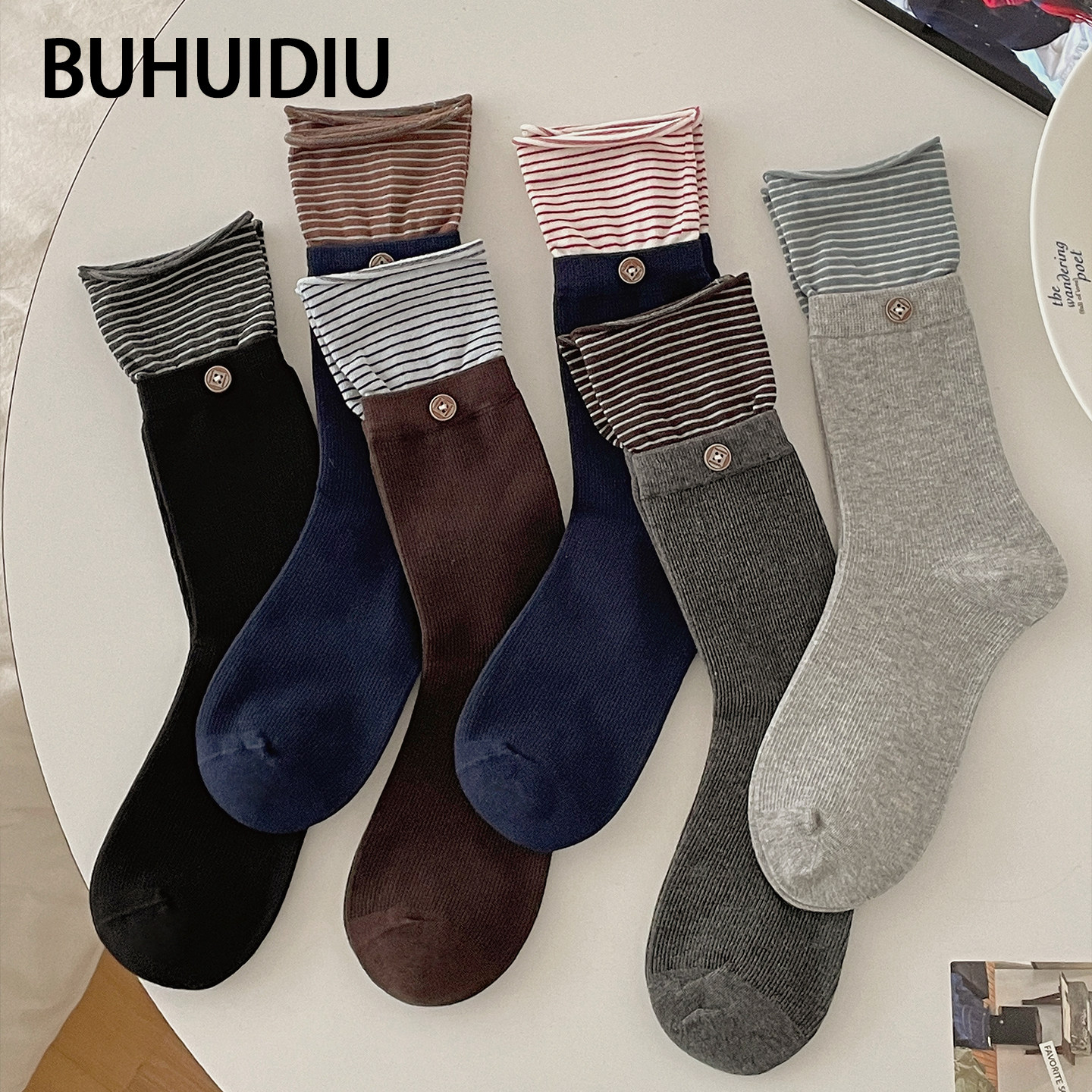 不会丢的袜子 卷边条纹中筒袜女款ins潮春秋季个性纽扣棉袜堆堆袜