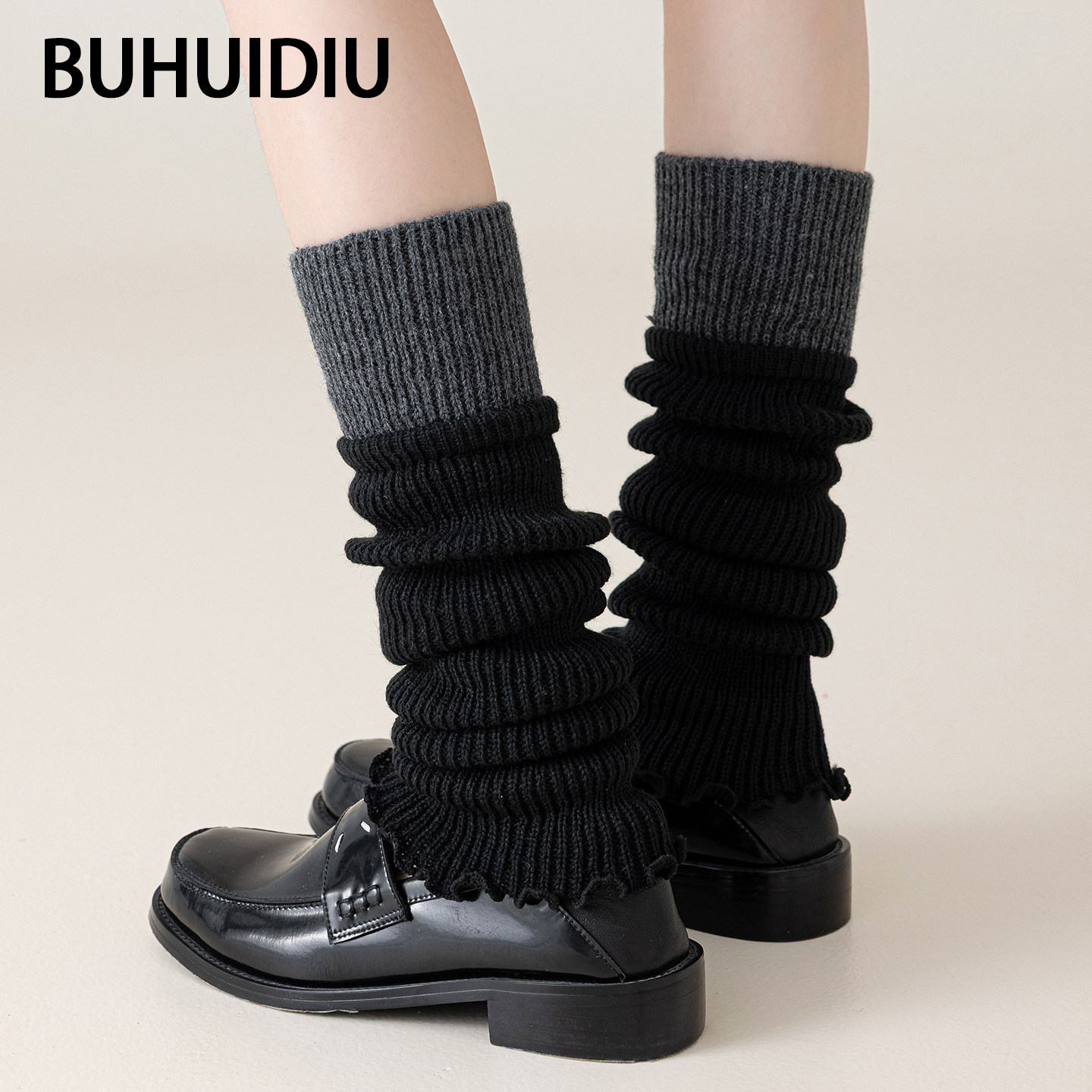 袜子腿套女秋冬保暖拼色针织袜套