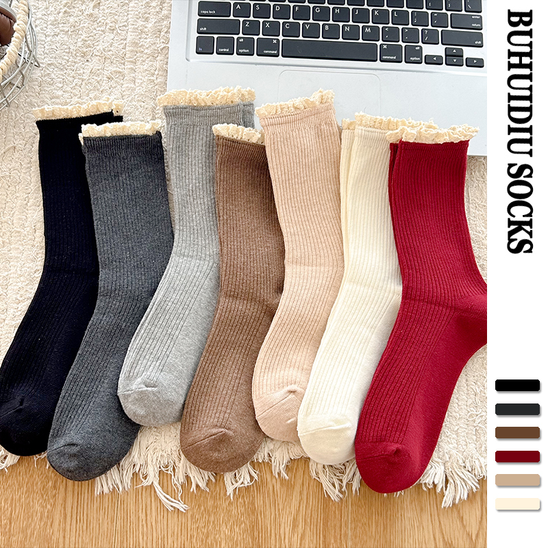 复古花边袜子女款中筒堆堆袜纯棉