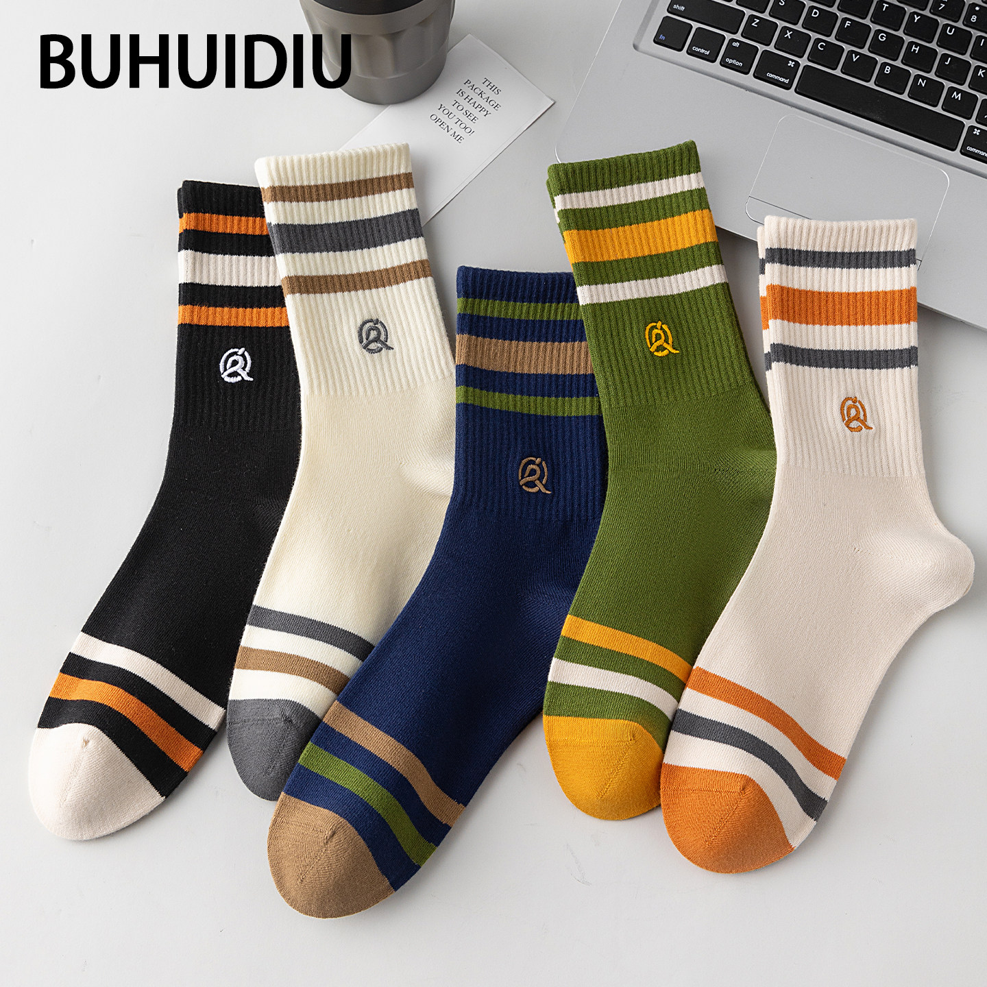 不会丢的袜子 条纹中筒袜男款纯棉2026新款春秋季潮流运动风长袜