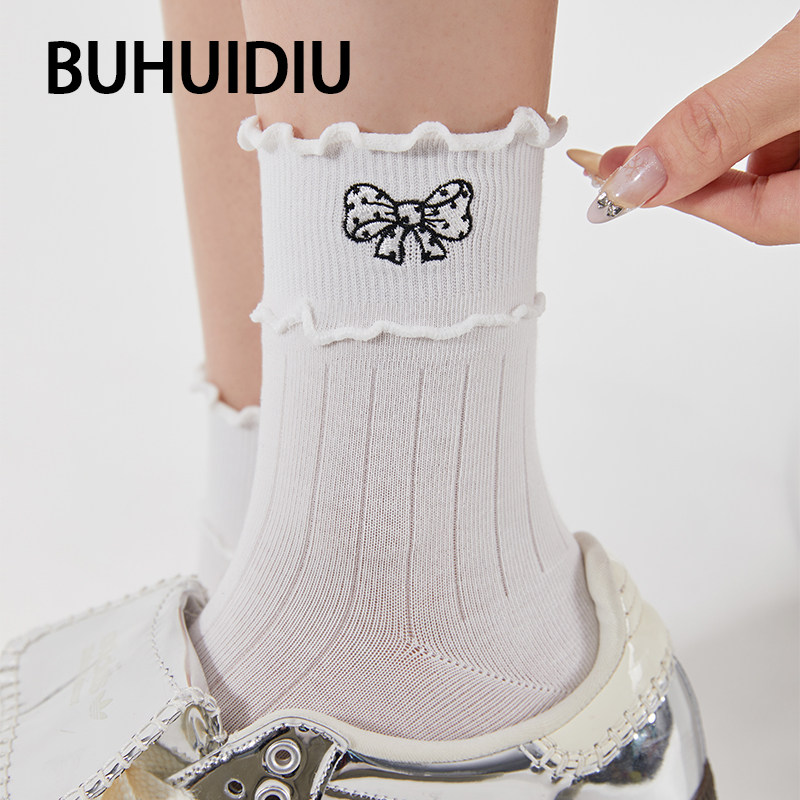 不会丢的袜子 刺绣蝴蝶结中筒袜女款芭蕾风春夏季木耳边白色长袜
