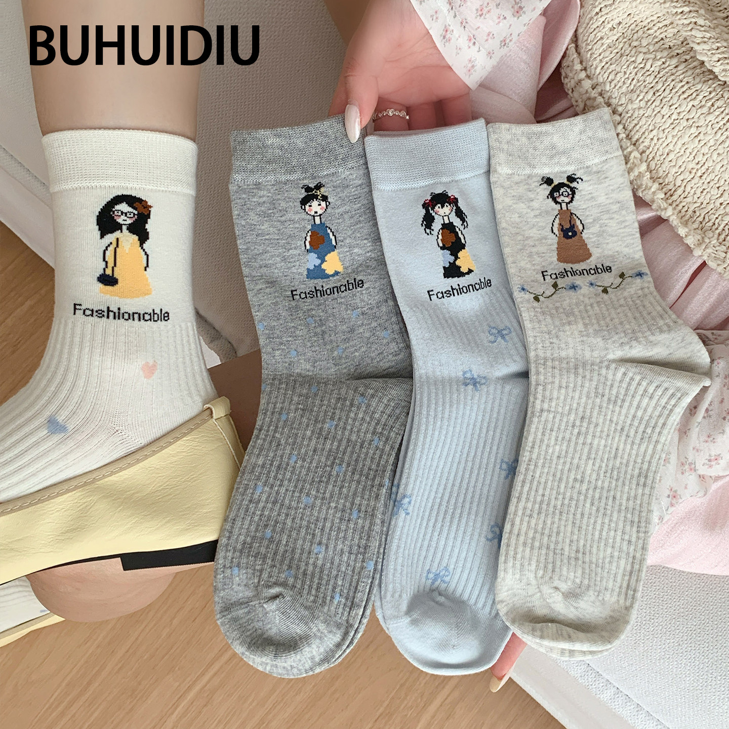不会丢的袜子 卡通女孩中筒袜女款纯棉ins潮秋季小众长袜配勃肯鞋