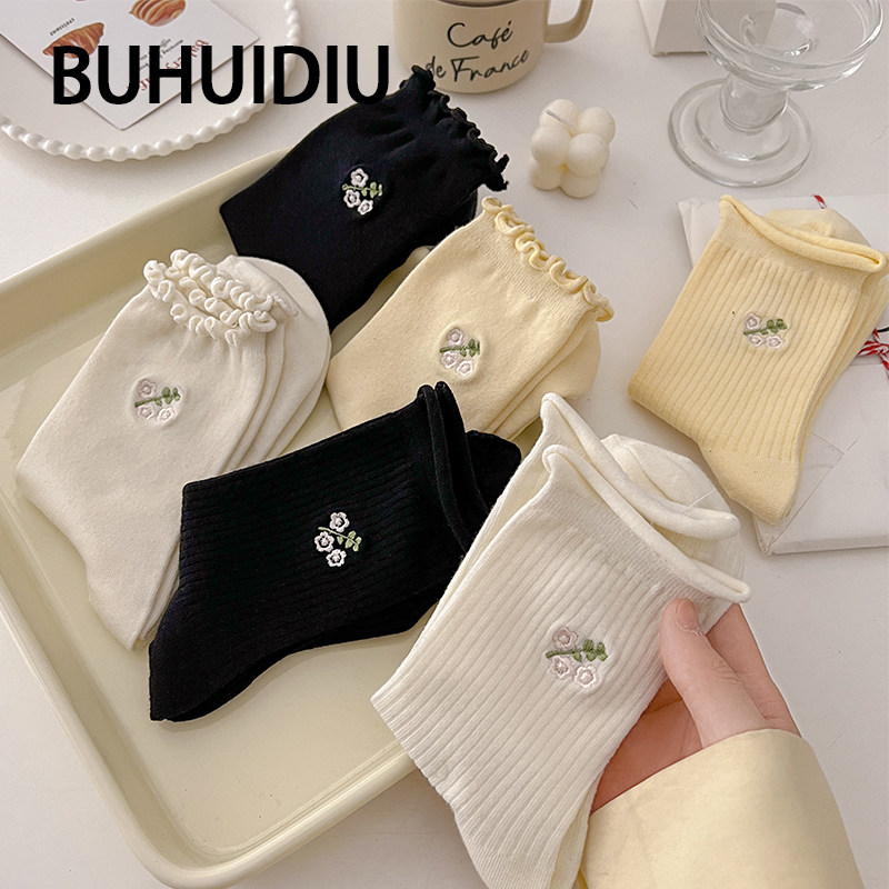 不会丢的袜子 花边中筒袜夏薄款女ins潮学院风纯棉配小皮鞋堆堆袜