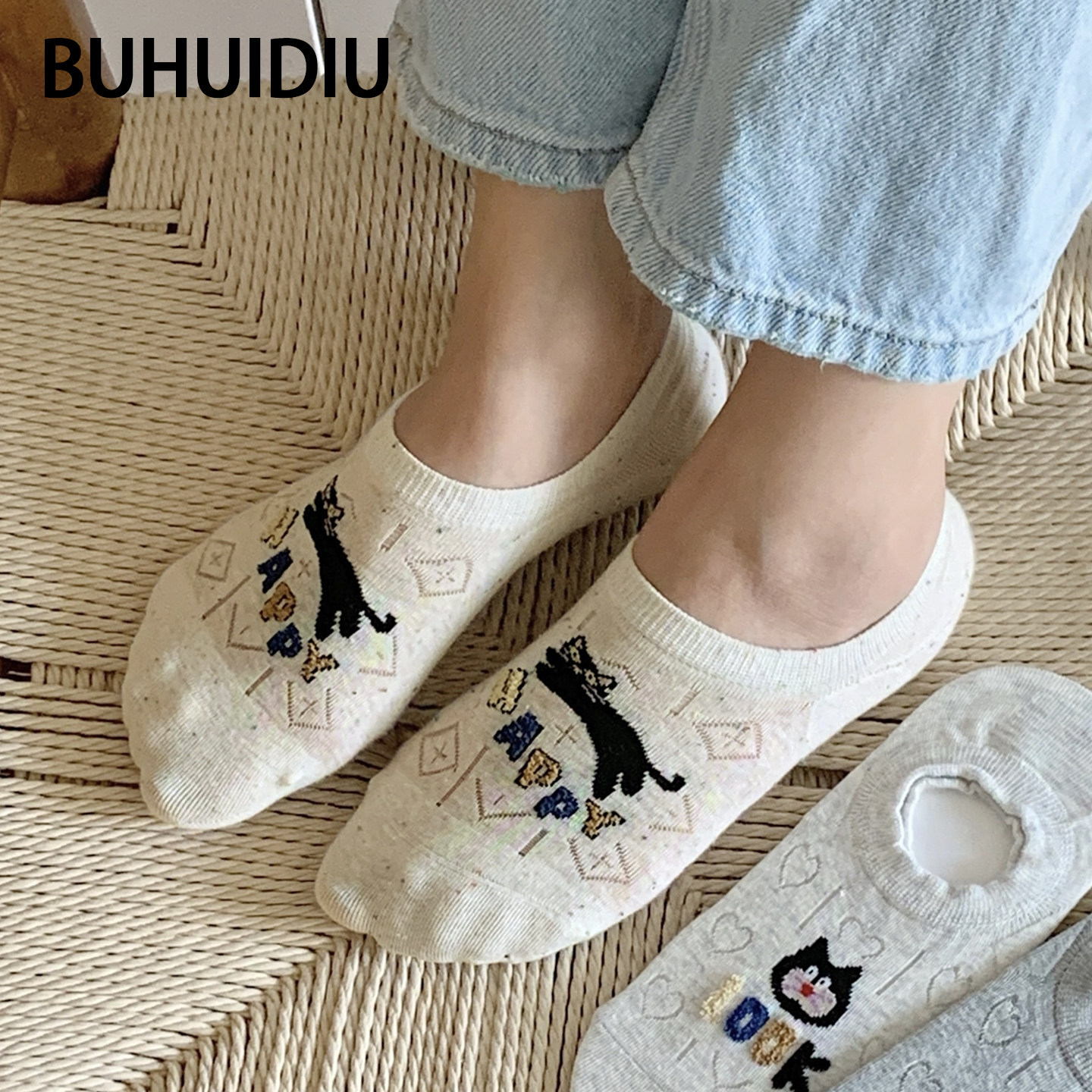 卡通猫咪夏季薄款网眼无骨女船袜
