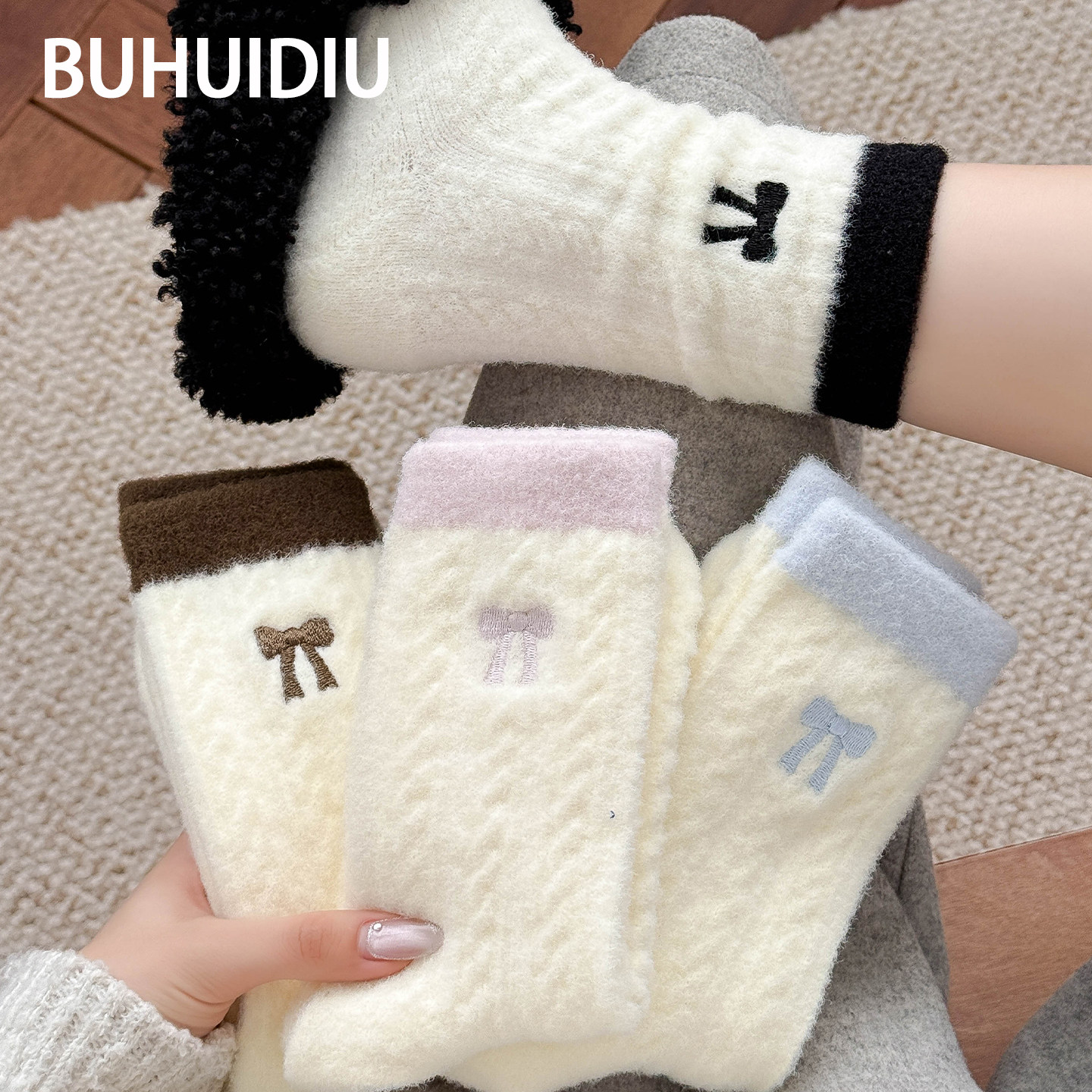 袜子女冬天加厚加绒蝴蝶结中筒袜