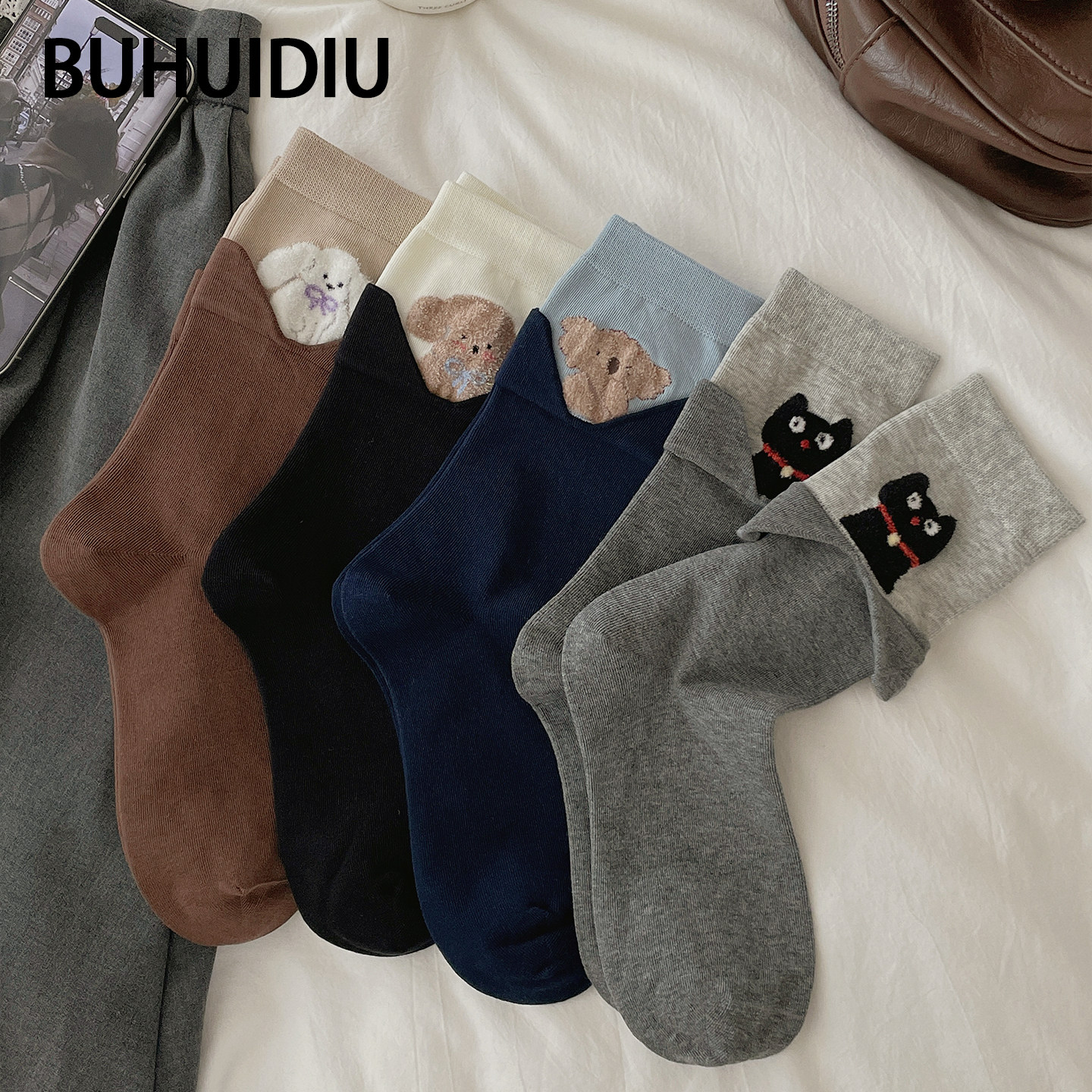 袜子中筒袜女春秋季植绒卡通棉袜