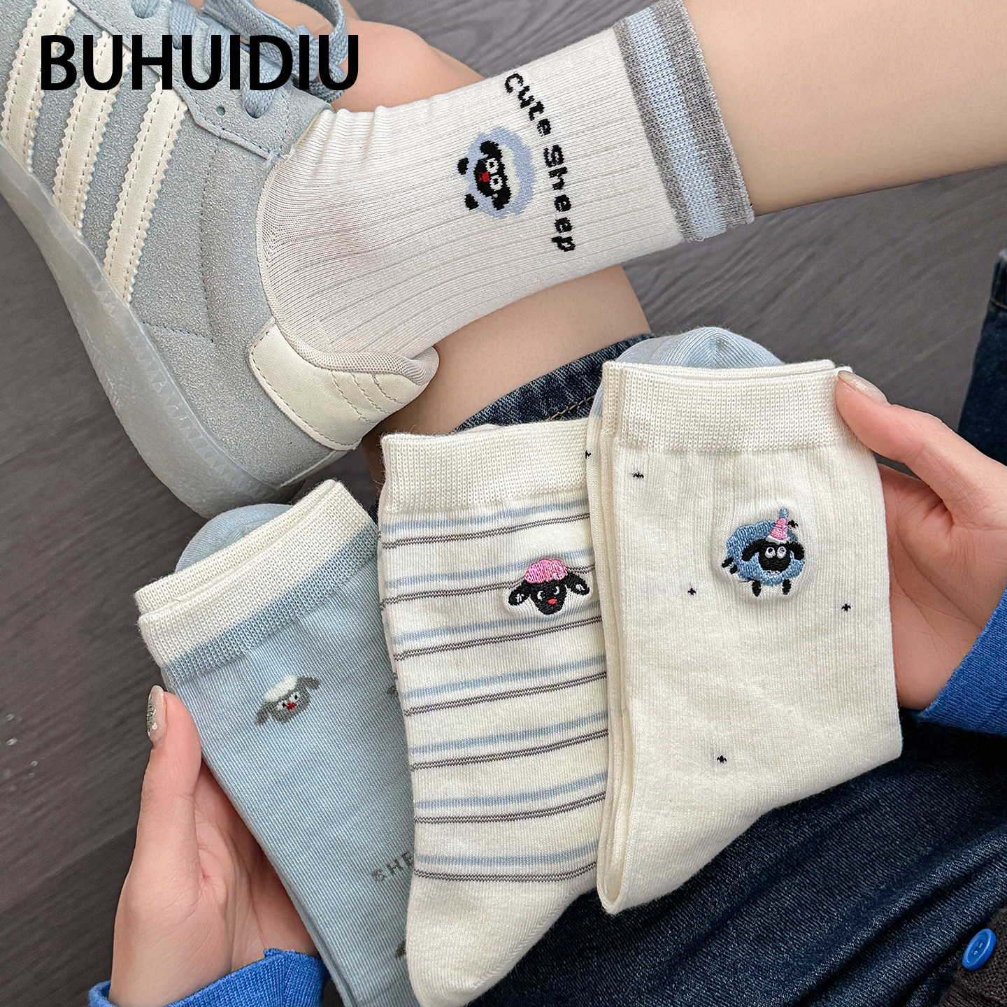 不会丢的袜子 可爱小羊中筒袜女夏薄款日系卡通减龄百搭无骨棉袜