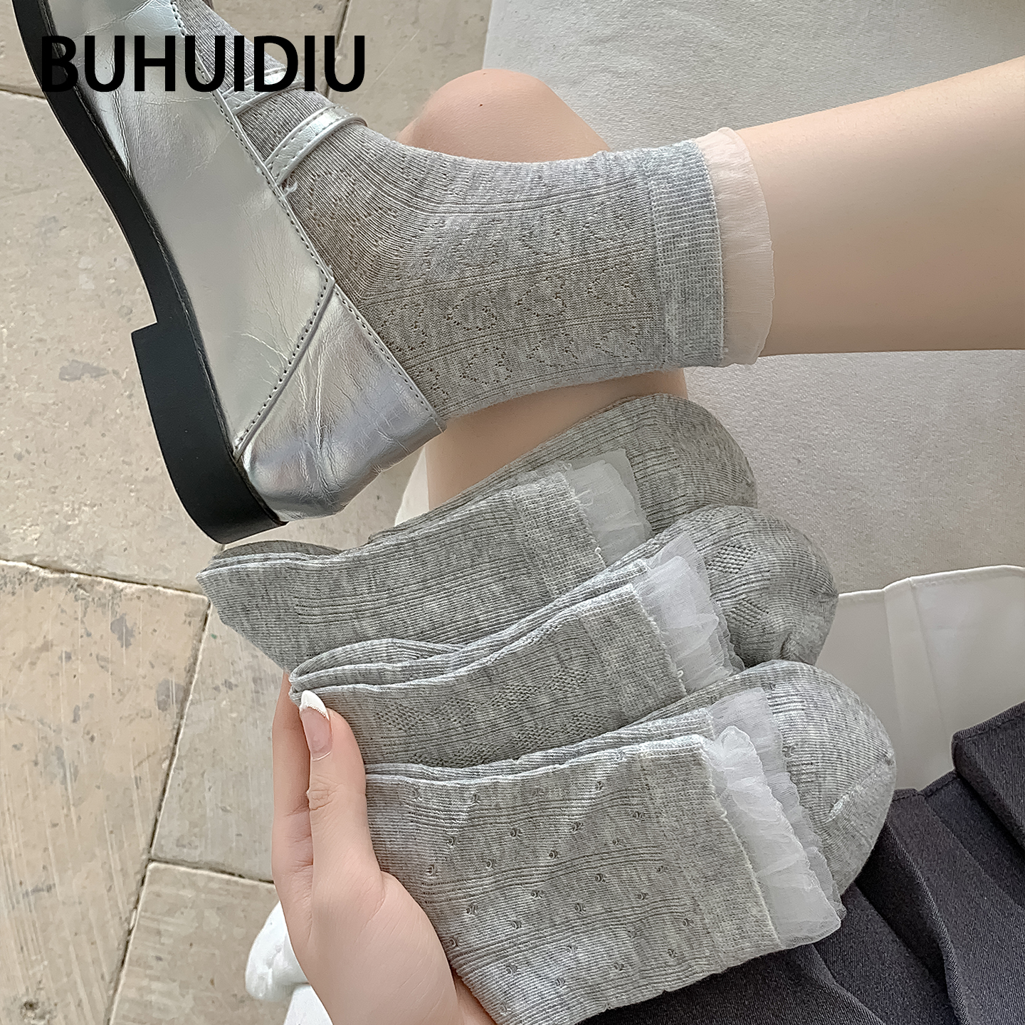 miu系灰色中筒袜女夏薄款堆堆袜