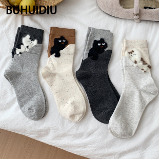 不会丢的袜子 卡通小猫中筒袜女春秋可爱创意设计感无骨透气长袜