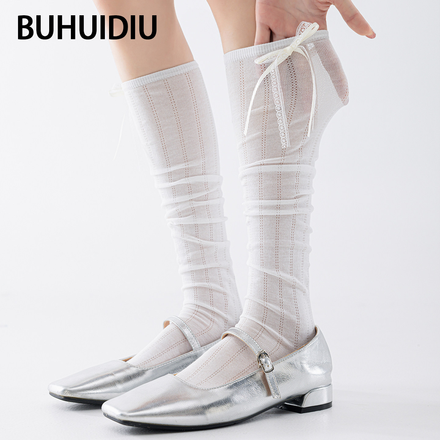 不会丢的袜子 蕾丝蝴蝶结小腿袜女网眼棉袜夏季薄款芭蕾风堆堆袜