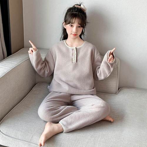 儿童睡衣秋冬季德绒保暖长袖法兰绒女童家居服套装中大童珊瑚睡衣
