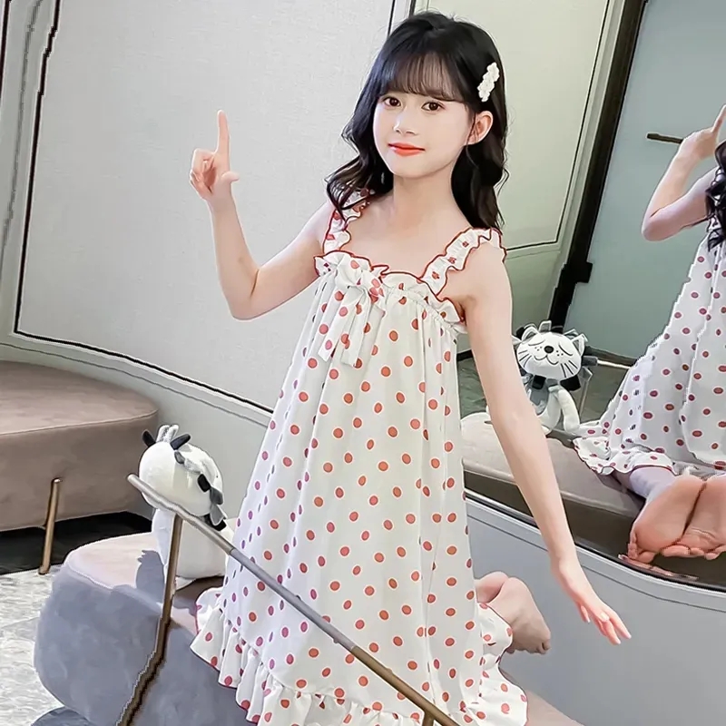 吊带睡衣夏季新款韩版吊带女童睡裙宽松冰丝大童睡衣裙子儿童睡裙