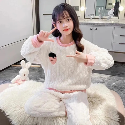 儿童冬季睡衣女珊瑚绒女童睡衣套装宽松秋冬季法兰绒中大童家居服