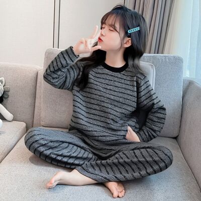 2025新款女童德绒条纹睡衣秋冬儿童中大童家居服保暖女孩长袖套装