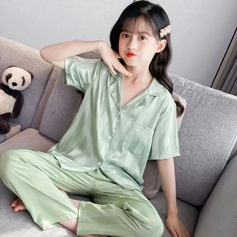 儿童睡衣新款夏季衬衫领短袖女童家居服套装