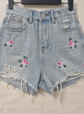 53170夏季新款刺绣牛仔短裤女破洞休闲薄款热裤牛10