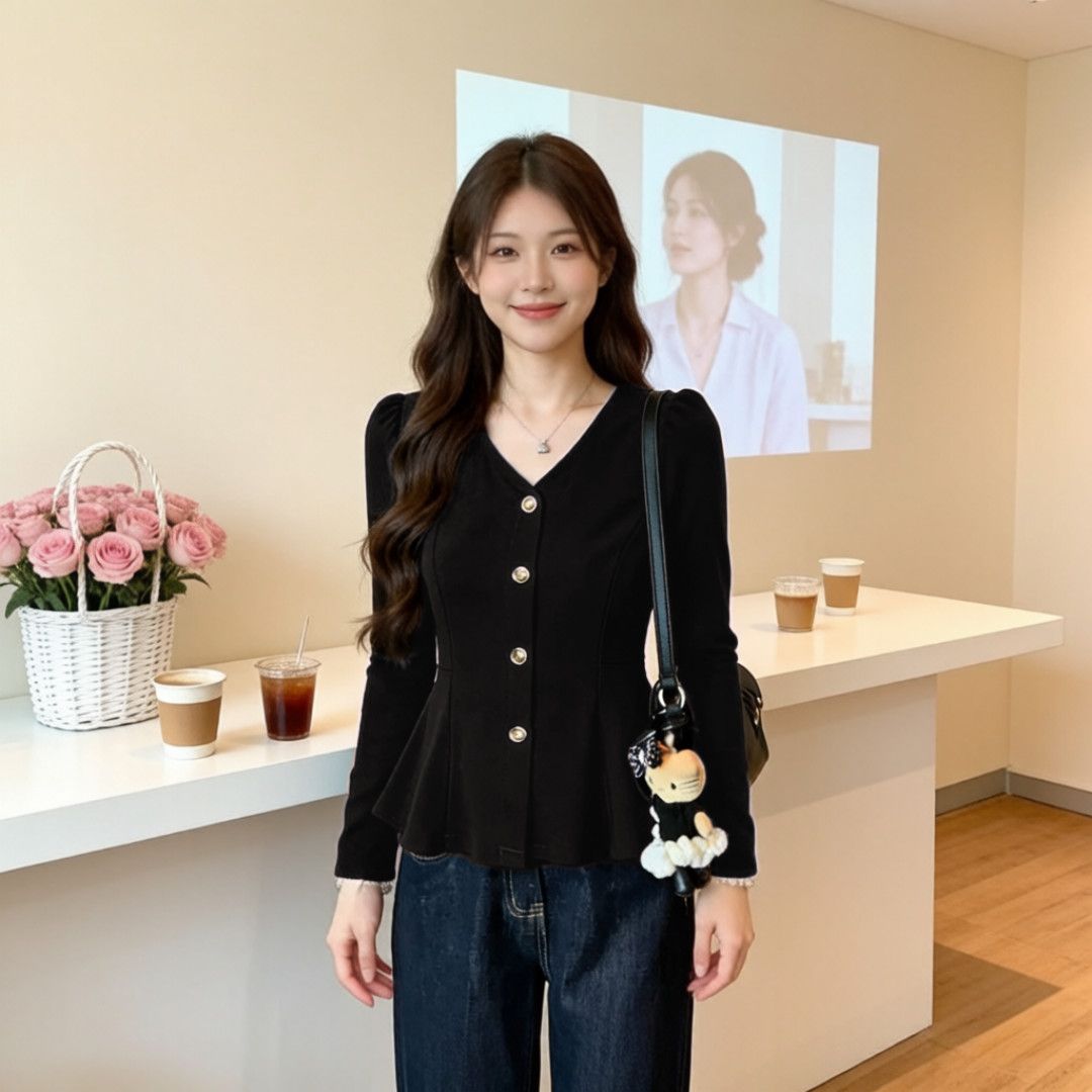 40支精梳棉纯色纽扣V领上衣女洋气时尚设计感大码宽松气质小衫T恤