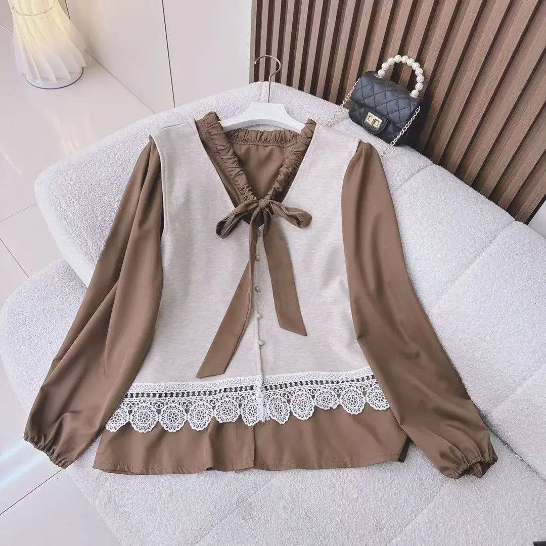 时尚蕾丝外套女设计感小众春秋新款韩版百搭宽松长袖上衣两件套女,女装/女士精品,衬衫,淘宝优惠券,粉丝福利购,淘宝优惠卷