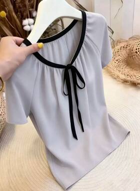 简约通勤风蝴蝶结系带短袖衬衫女款夏季圆领独特绝美减龄百搭上衣