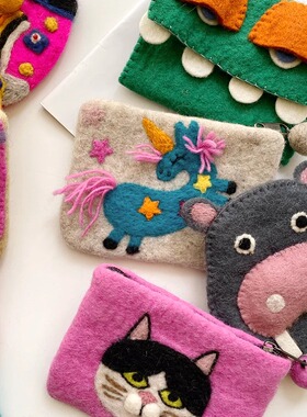 可爱羊毛毡创意零钱包尼泊尔手工动物河马包包纯羊毛零钱包