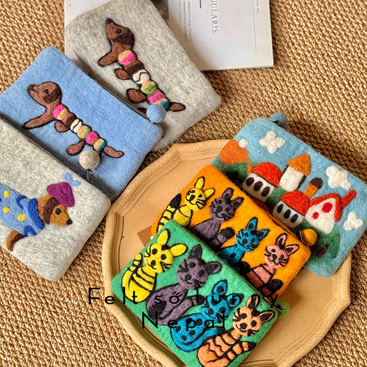 尼泊尔手工羊毛毡可爱卡通狗狗猫咪动物造型零钱包创意简约手机包