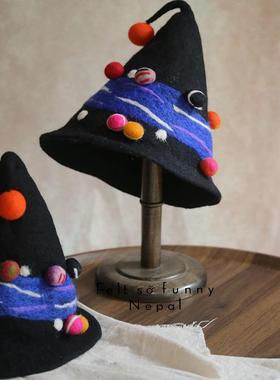 原宿风搞怪街头尖顶黑色星空帽蓝色羊毛毡毛毡帽巫师帽子男女礼物