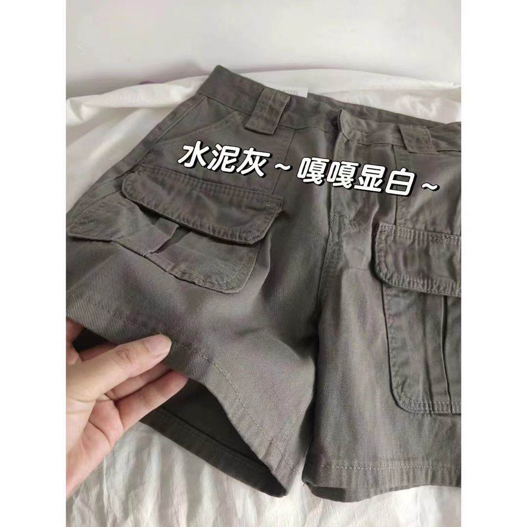 水泥灰高腰工装短裤女夏季大码胖mm宽松显瘦遮胯a字牛仔阔腿热裤