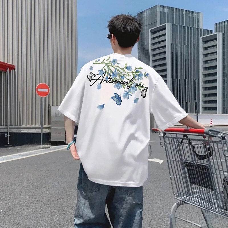 2025夏季新款蝴蝶字母花卉刺绣高级感短袖T恤男纯棉重磅潮牌上衣