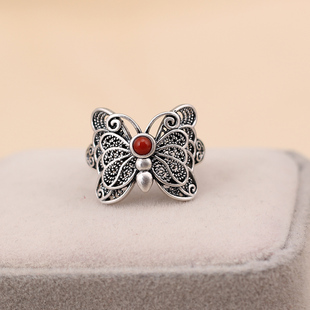S925纯银戒指女蝴蝶原创设计掐丝工艺镶嵌南红玛瑙复古开口银戒子