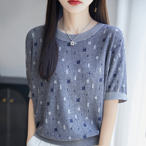 薄款圆领短袖女拼色针织V领开衫气质百搭T恤上衣莱赛尔天丝小衫
